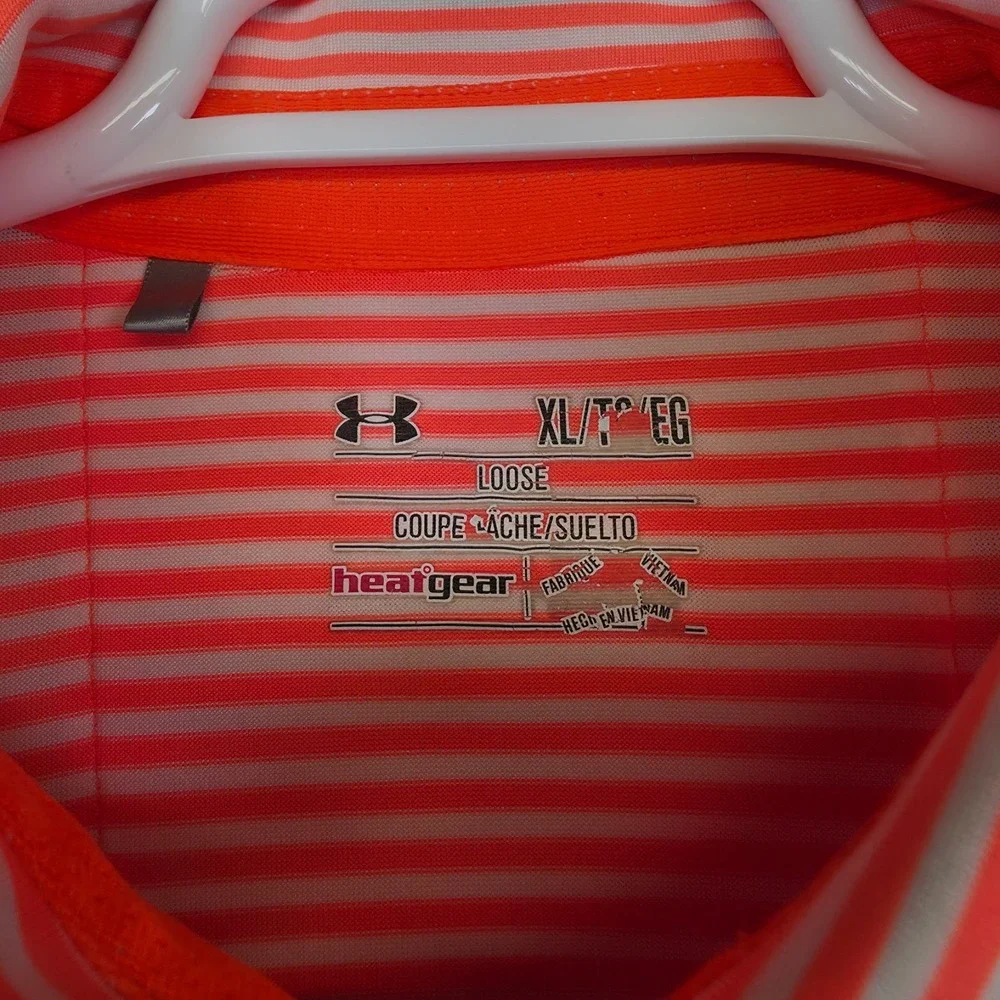 Under Armour Golf Polo Shirt Mens XL Orange Green Striped Stretch Sports Outdoor